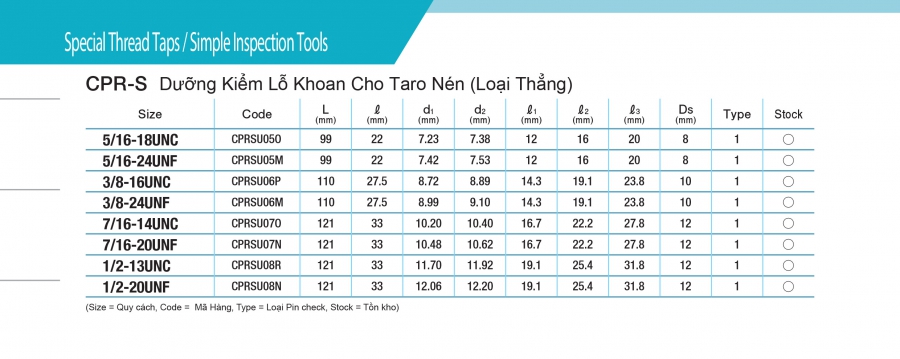 Dưỡng kiểm tra lỗ khoan cho mũi taro nén CPR-S (loại thẳng)