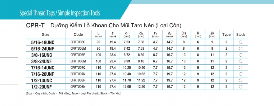 Dưỡng kiểm tra lỗ khoan cho mũi taro nén CPR-T (loại côn) Yamawa