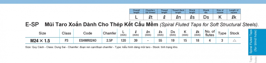 Mũi taro xoắn cho thép kết cấu mềm, lỗ bít dòng E-PS YAMAWA