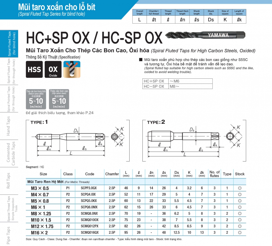 Mũi taro xoắn oxi hoá cho thép cacbon cao dòng HC+SP OX/ HC-SP OX