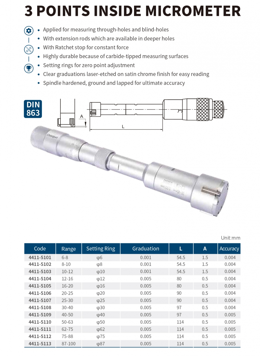 Panme đo lỗ 3 chấu cơ khí series 4411 Dasqua