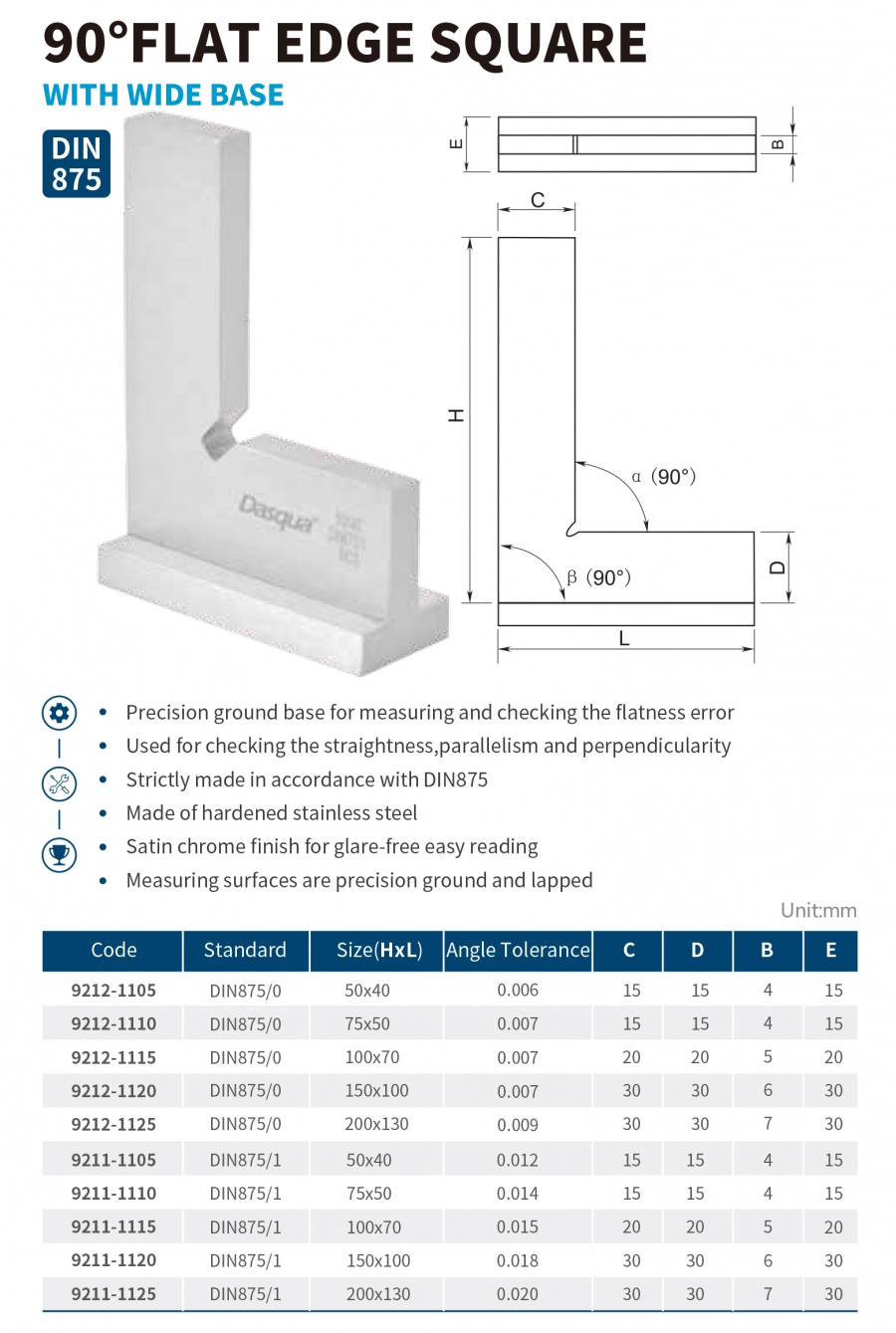 Ke góc 90˚ mép phẳng đế rộng series 9212; 9211 Dasqua