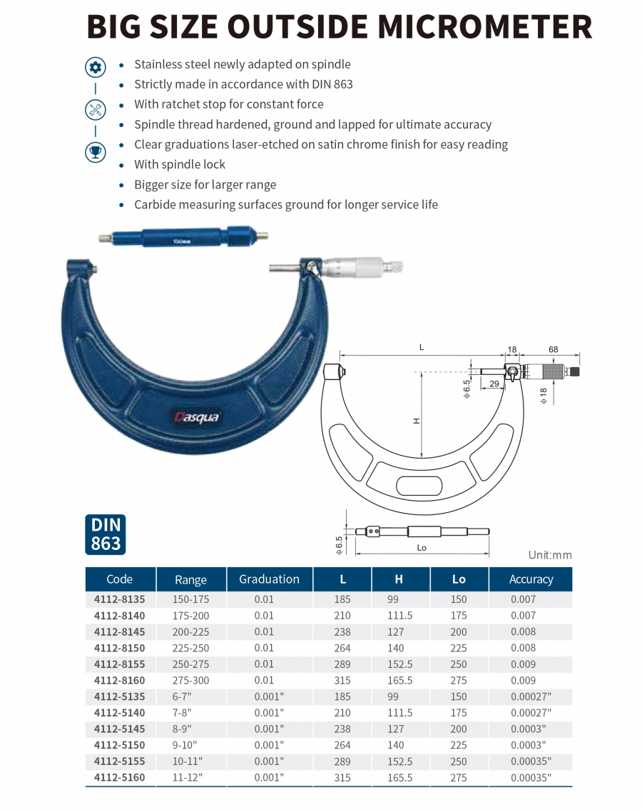 Panme cơ khí đo ngoài loại lớn series 4112 Dasqua