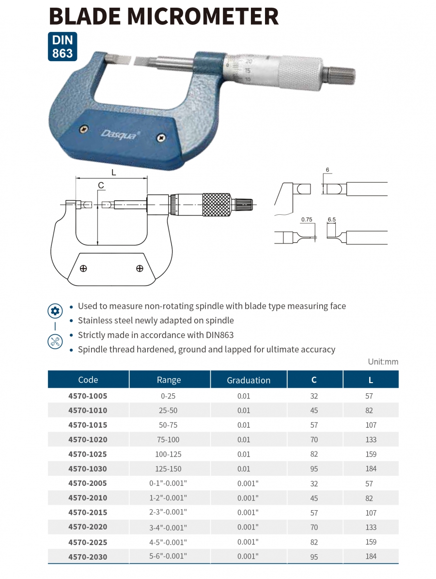 Panme cơ khí mỏ dẹt series 4570 Dasqua
