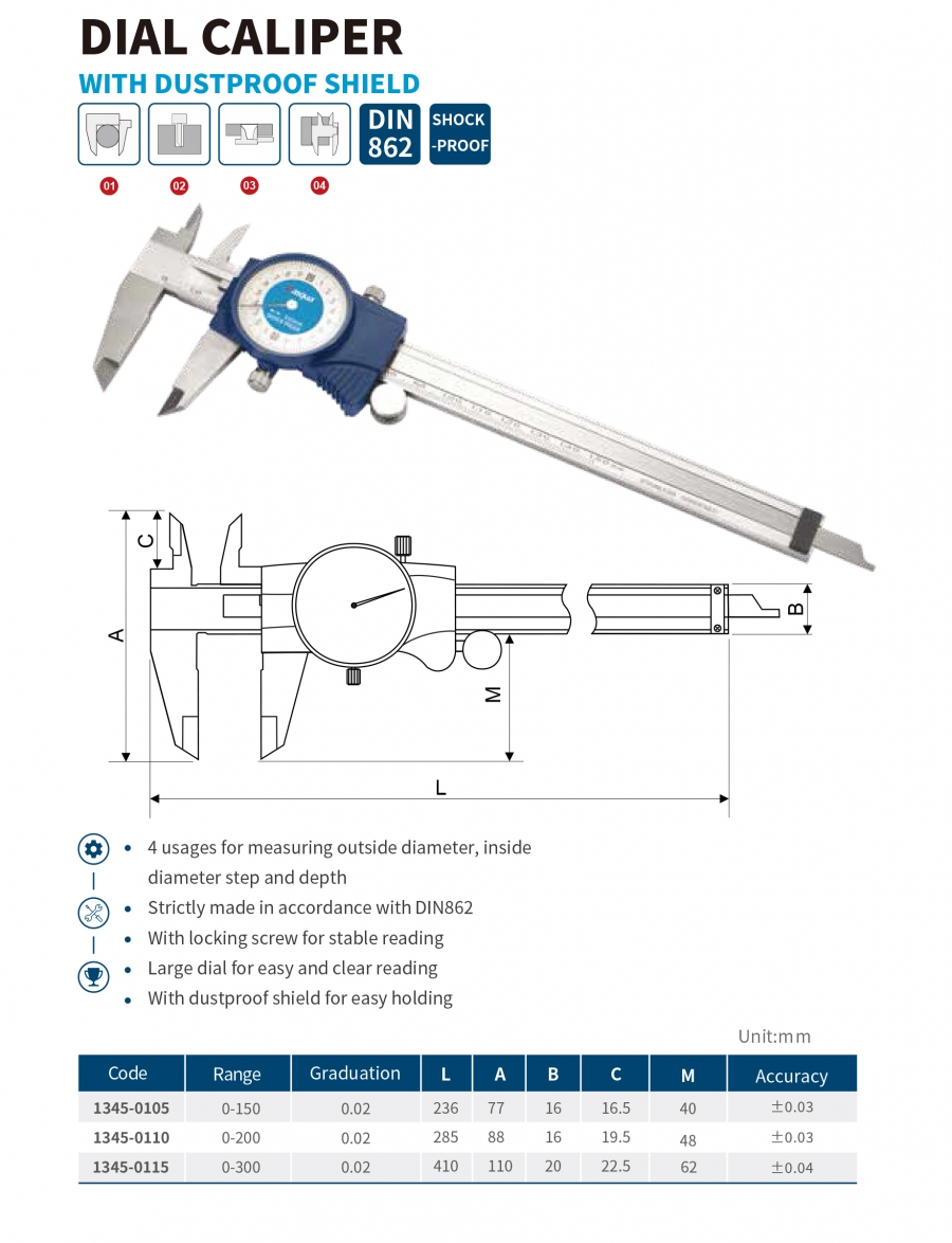 Thước cặp đồng hồ chống bụi, chống sốc series 1345 Dasqua