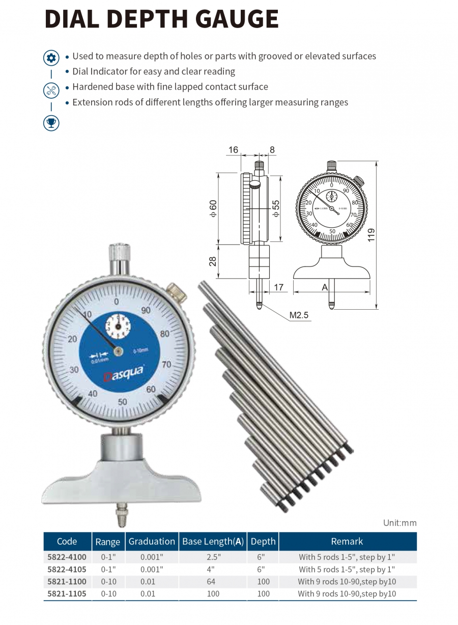 Thước đo sâu đồng hồ series 5822; 5821 Dasqua