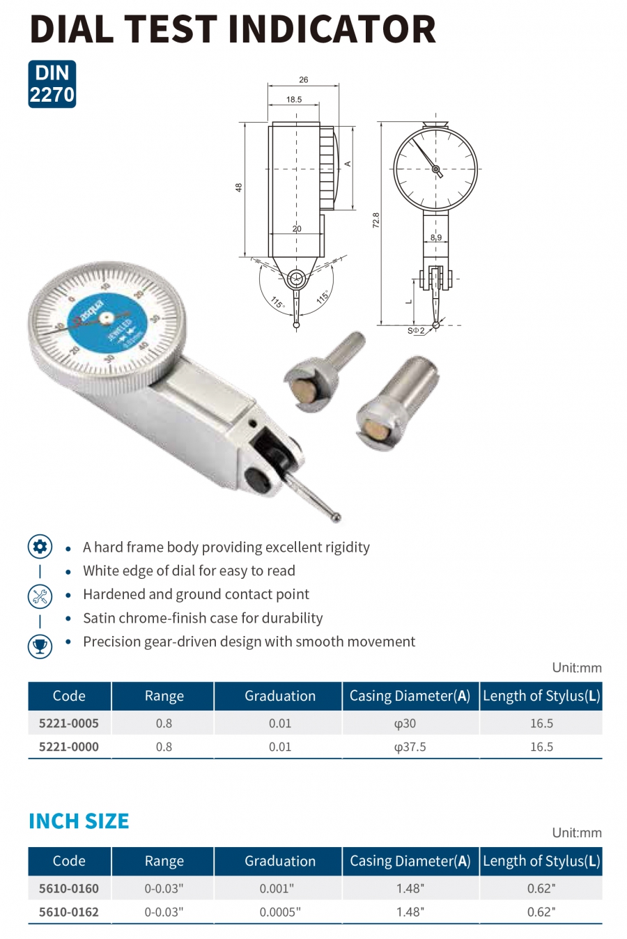 Đồng hồ so chân gập độ chia 0.01mm series 5221 Dasqua