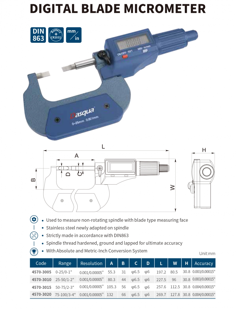 Panme điện tử mỏ dẹt series 4570 Dasqua
