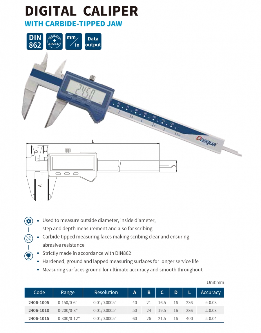 Thước cặp điện tử ngàm hợp kim series 2406 Dasqua
