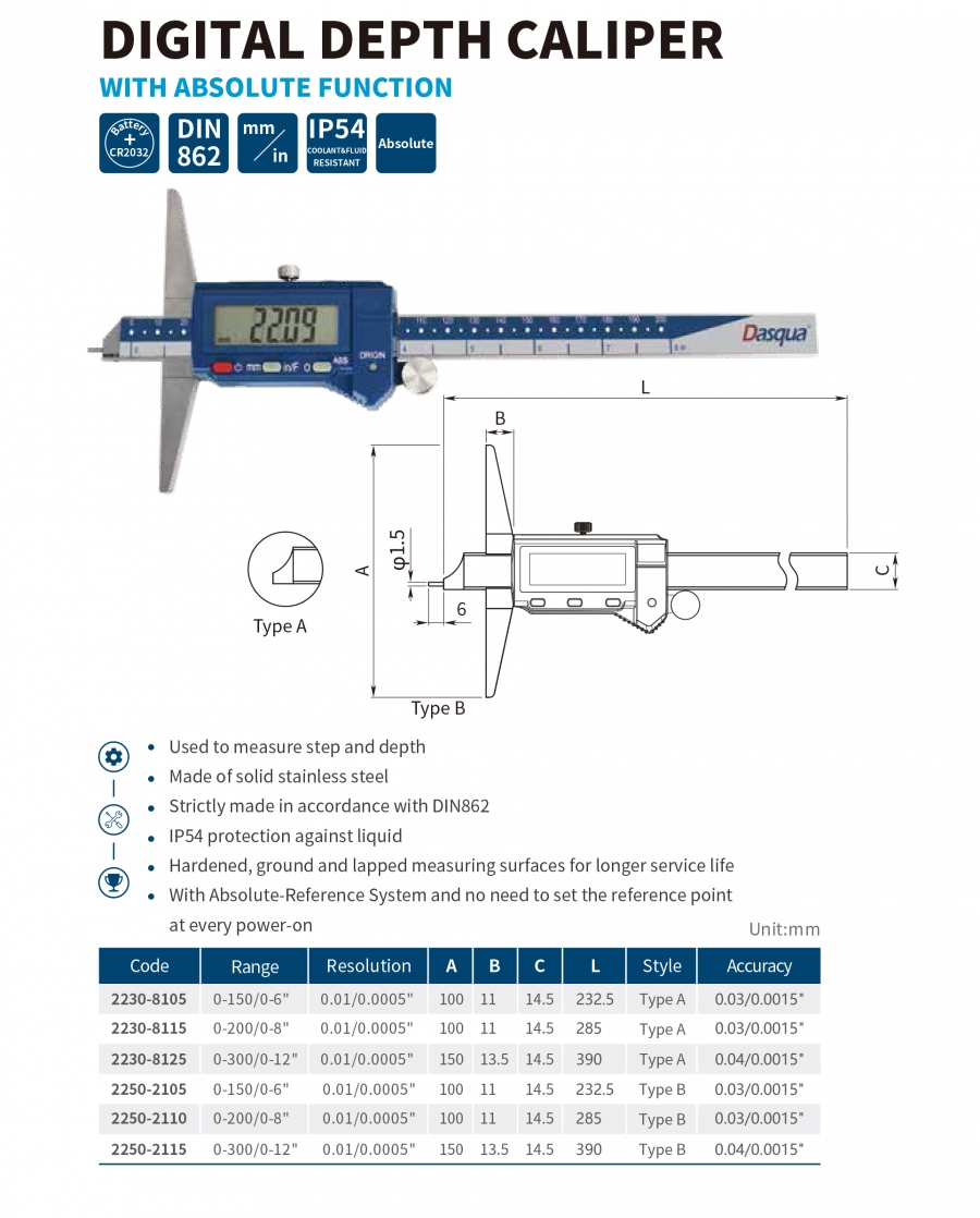 Thước đo sâu điện tử IP54 series 2230; 2250 Dasqua