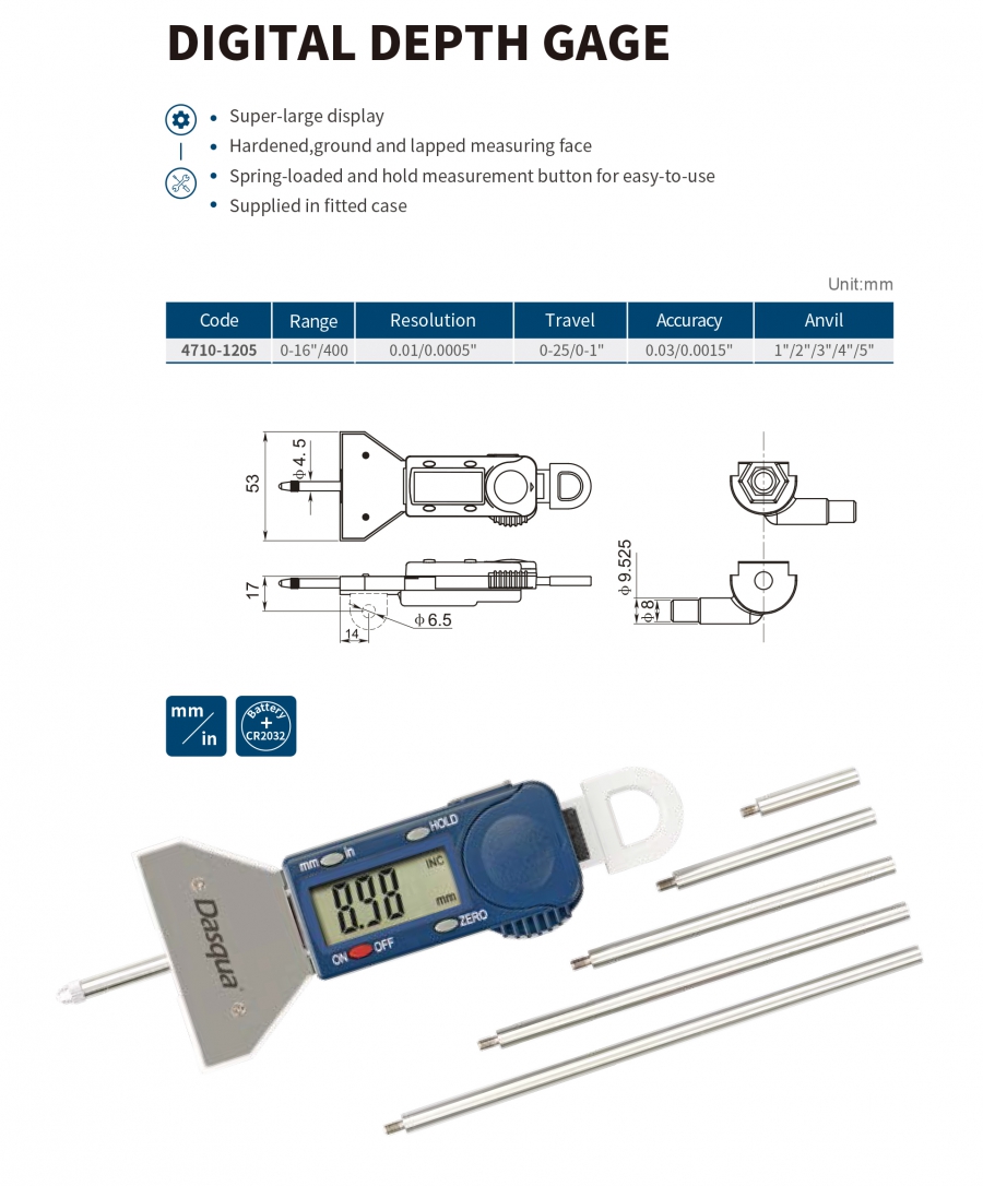 Thước đo chiều sâu lổ điện tử 4710-1205 Dasqua