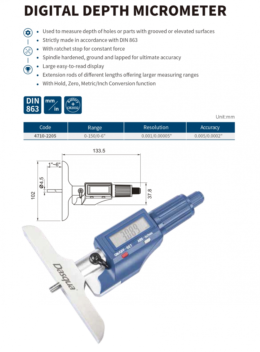 4710-2205 Panme đo sâu điện tử 0-150mm Dasqua