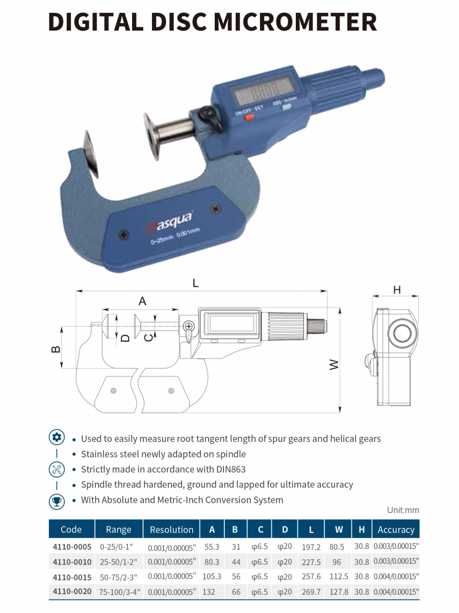 Panme đĩa điện tử đo bánh răng series 4110 Dasqua