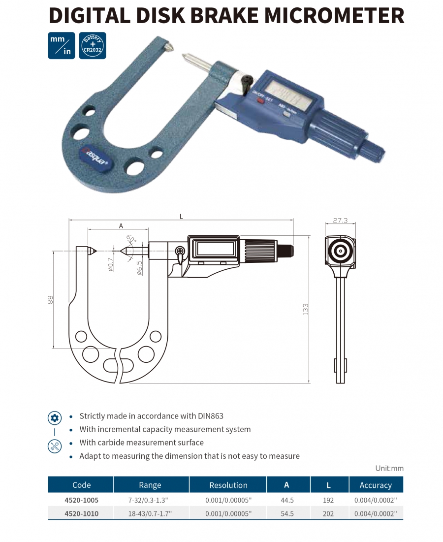 Panme điện tử đo phanh đĩa 4520-1005; 4520-1010 Dasqua