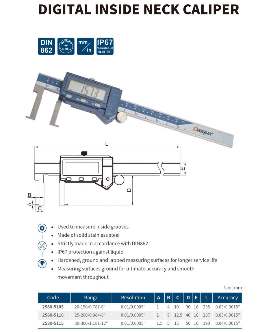 Thước cặp điện tử đo rãnh trong IP67 series 2580 Dasqua