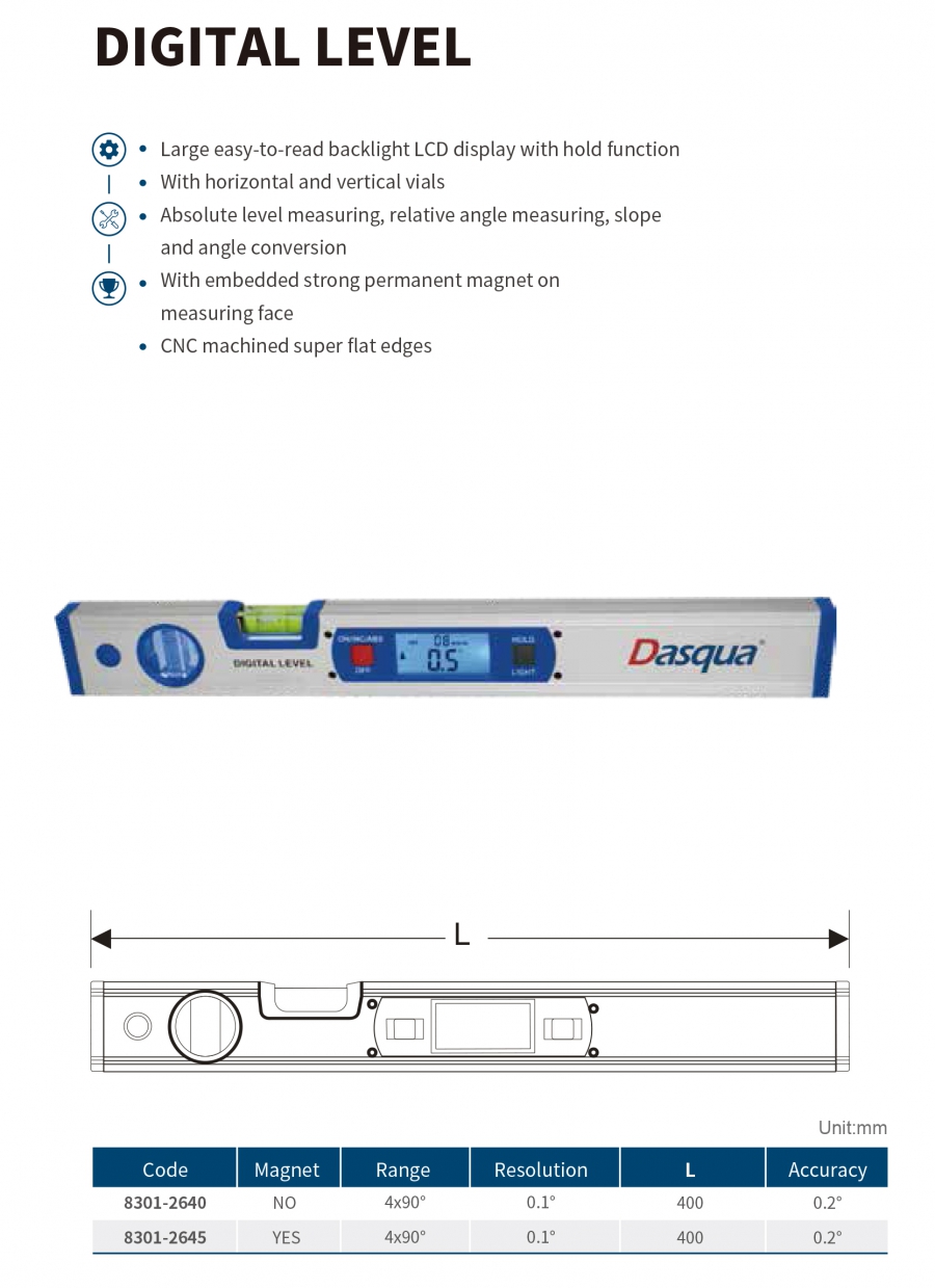 Thước thuỷ điện tử có nam châm series 8301 Dasqua