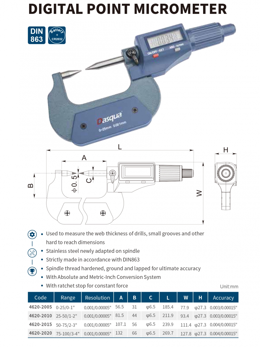 Panme điện tử đầu nhọn series 4620 Dasqua