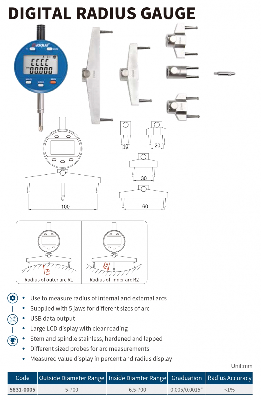5831-0005 Đồng hồ so điện tử đo bán kính 5-700mm Dasqua
