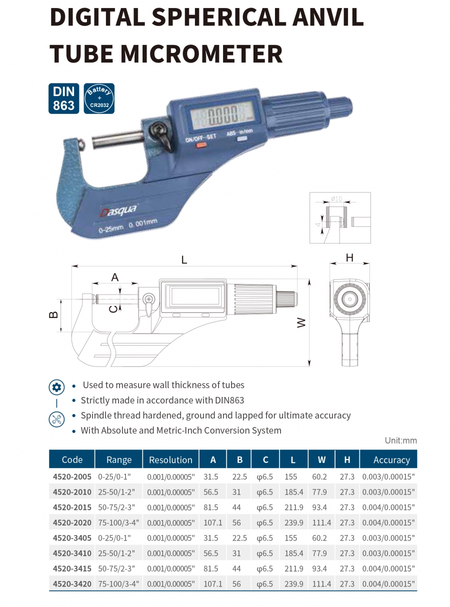 Panme đo thành ống điện tử đầu đo dạng cầu series 4520 Dasqua