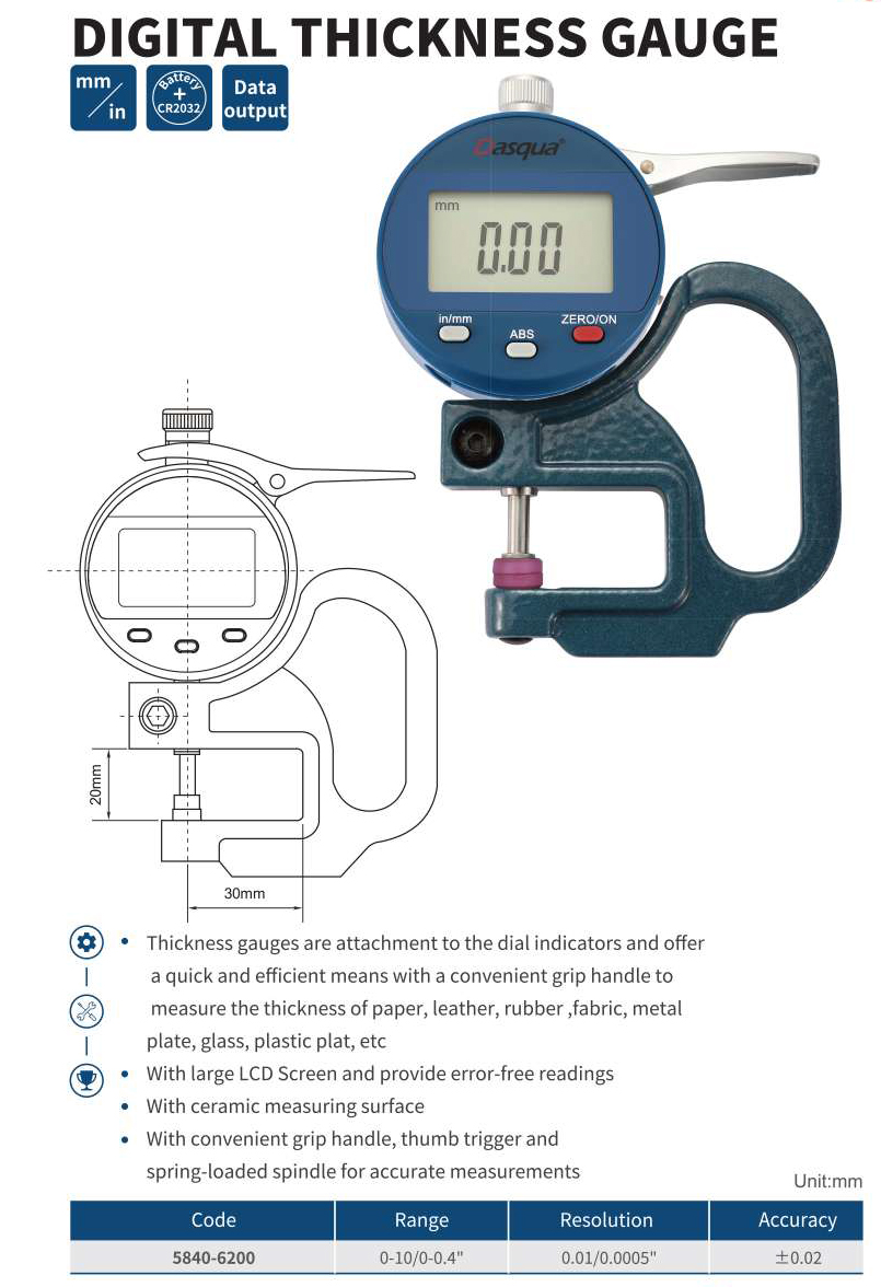 5840-6200 Đồng hồ đo độ dày điện tử 0-10mm Dasqua