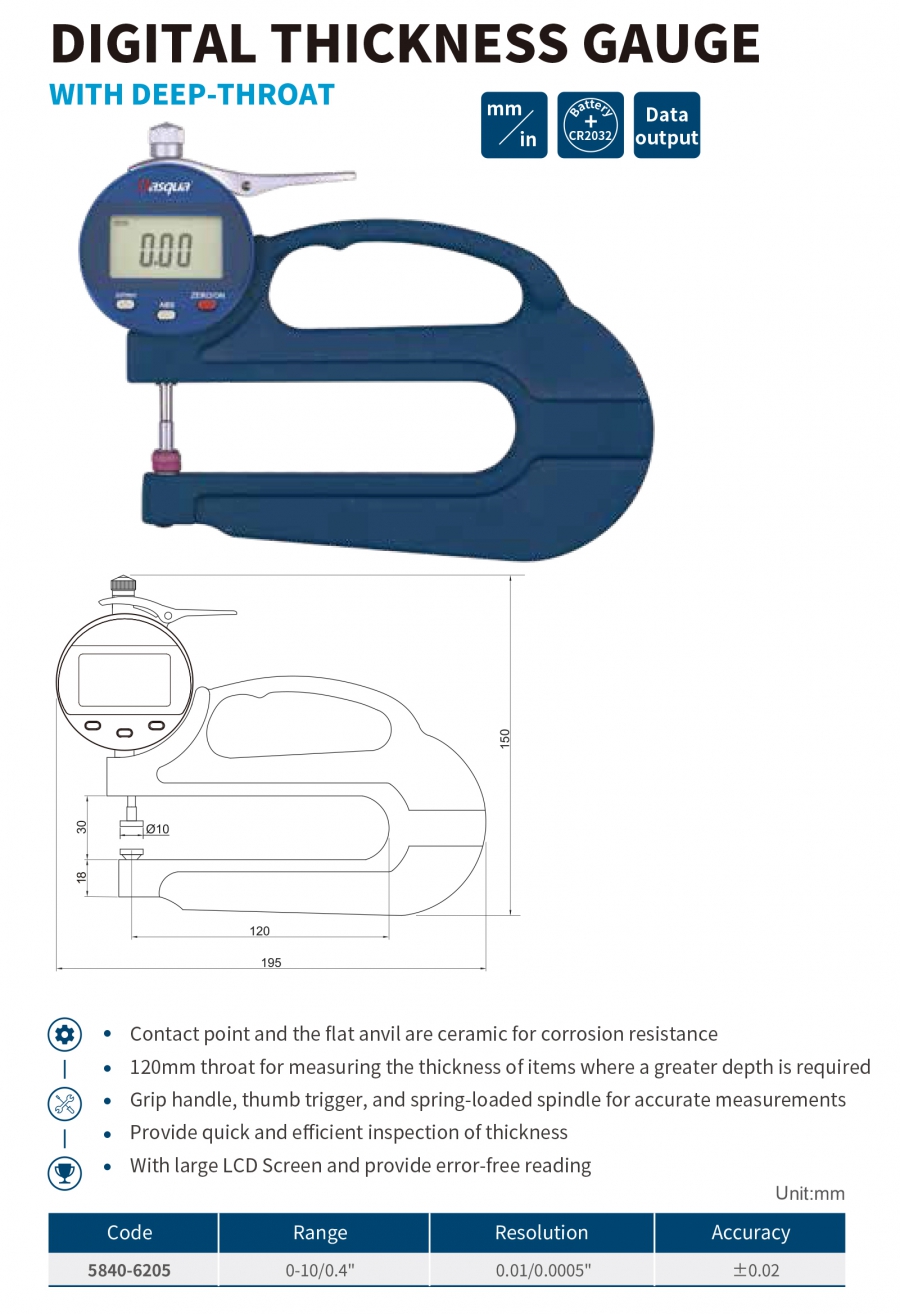 5840-6205 Đồng hồ đo chiều dày điện tử họng sâu 120mm Dasqua
