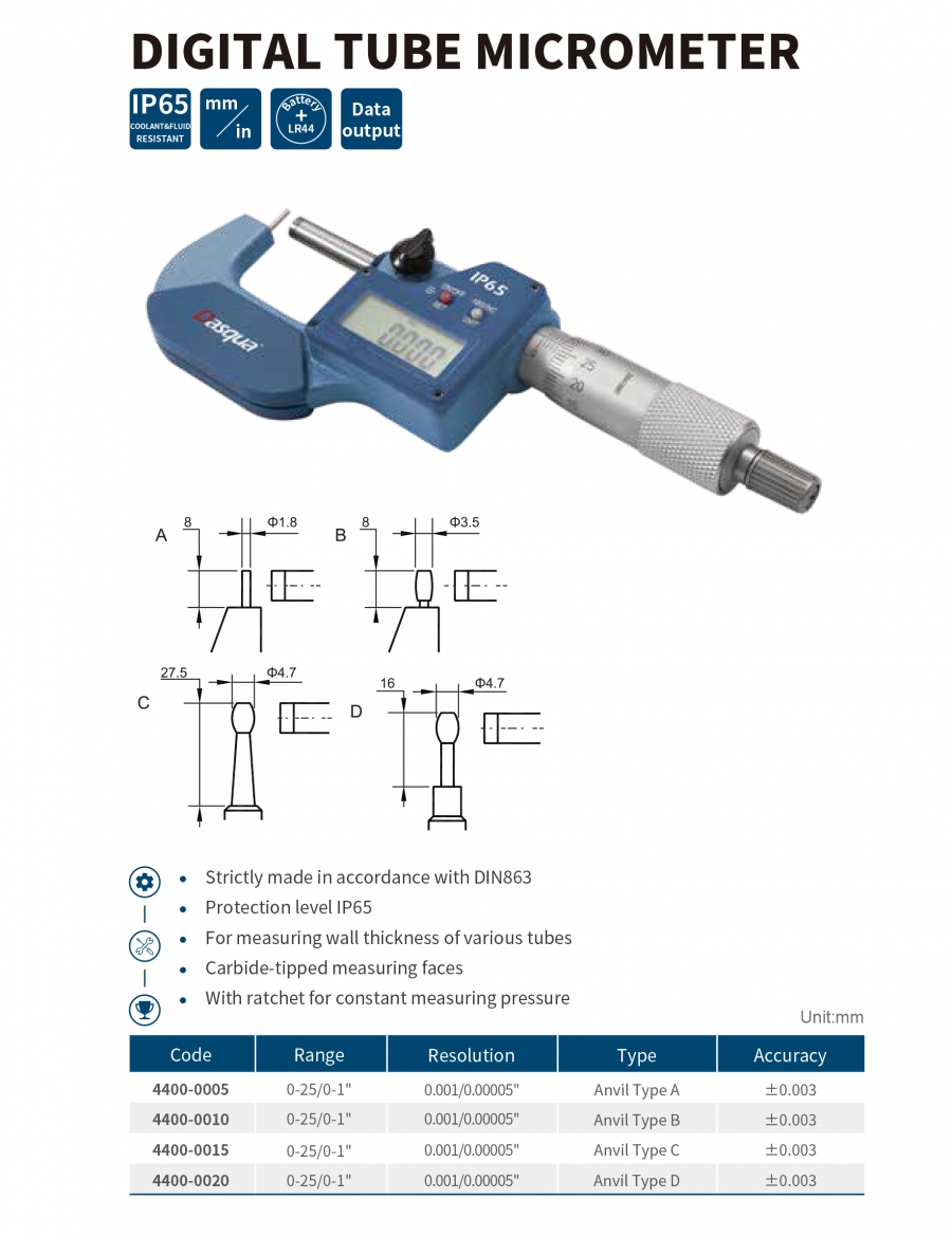 Panme điện tử đo chiều dày thành ống series 4400 Dasqua