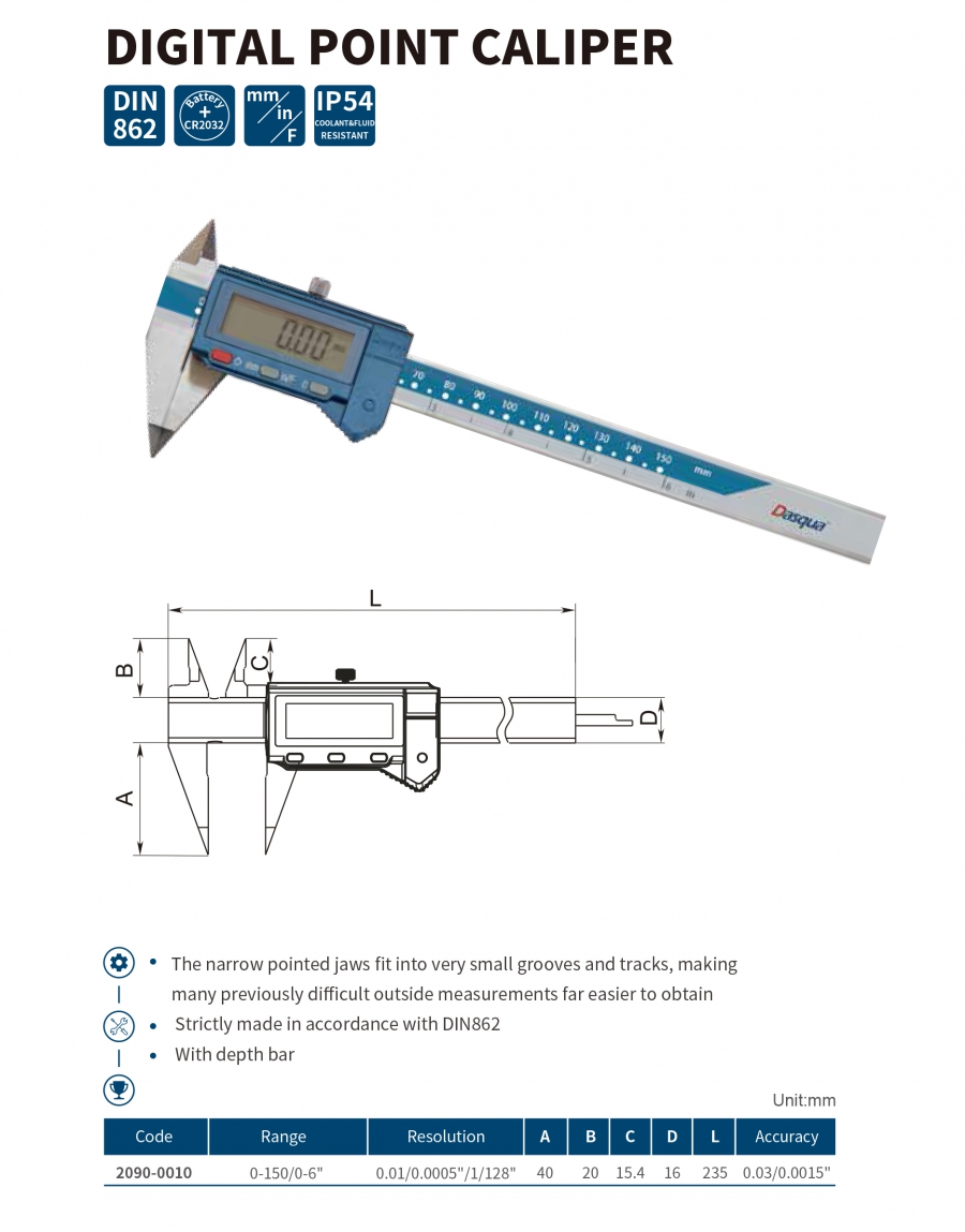 2090-0010 Thước cặp điện tử ngàm nhọn IP54 Dasqua