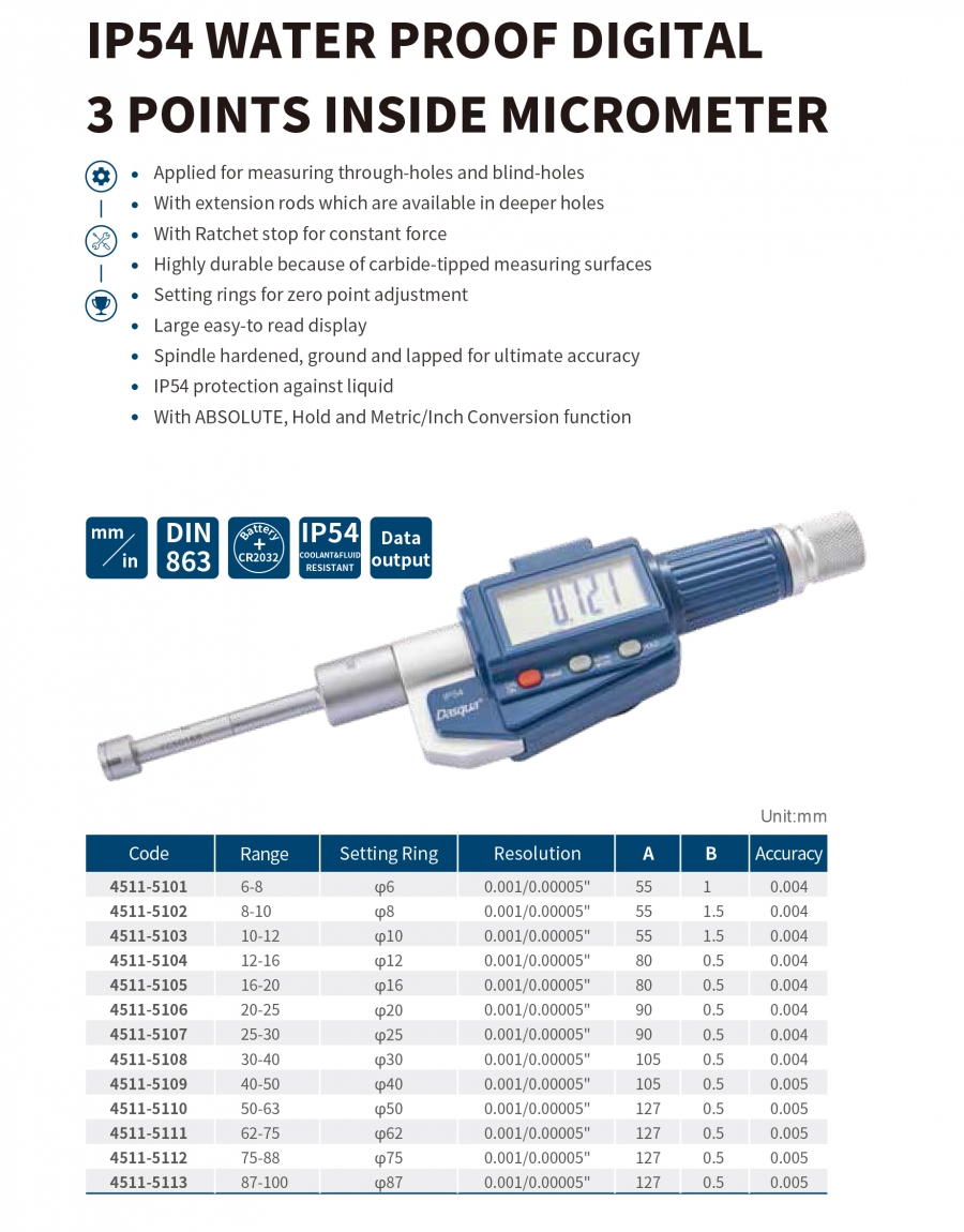 Panme đo lỗ 3 chấu điện tử IP54 series 4511 Dasqua