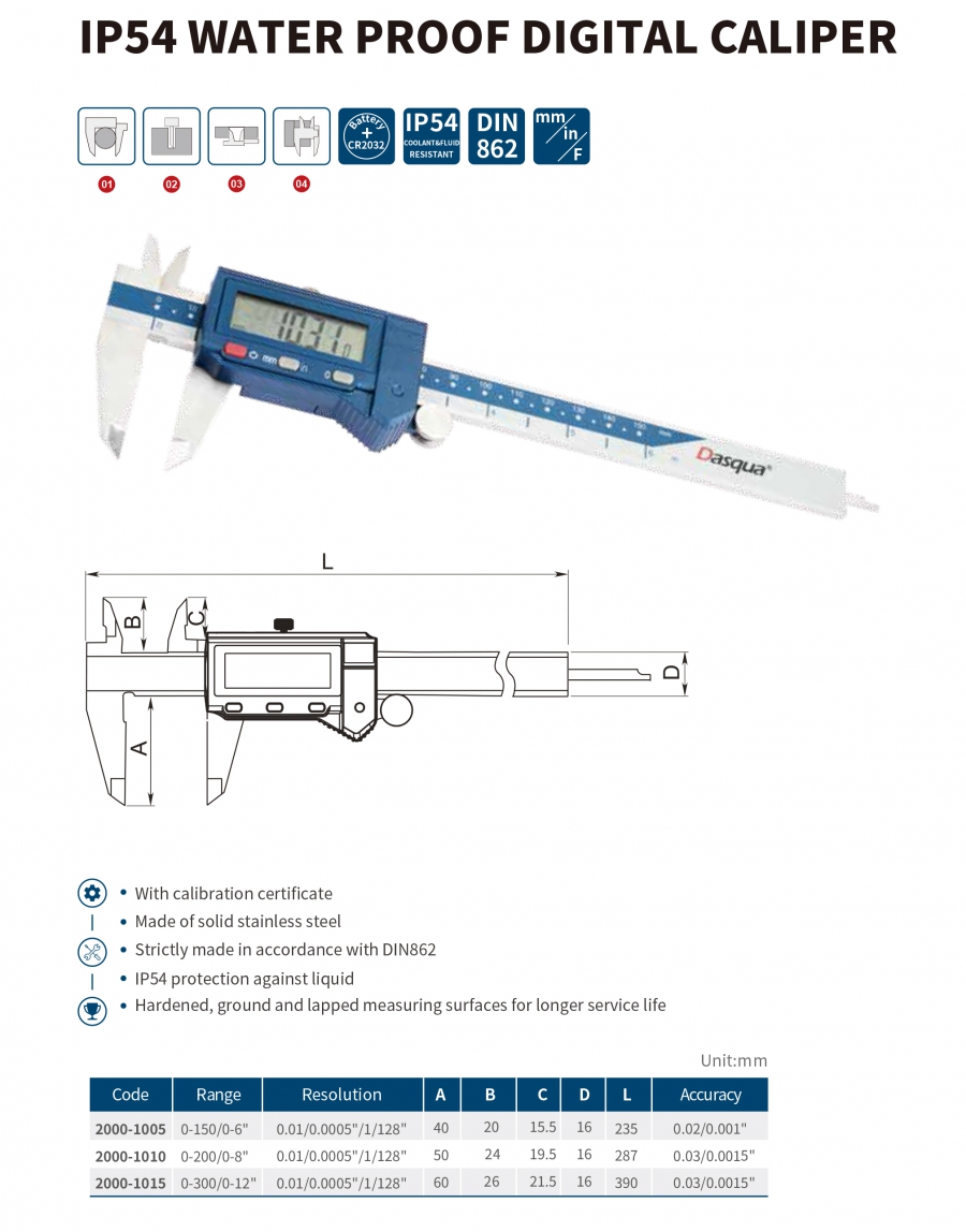 Thước cặp điện tử chống nước IP54 series 2000 Dasqua