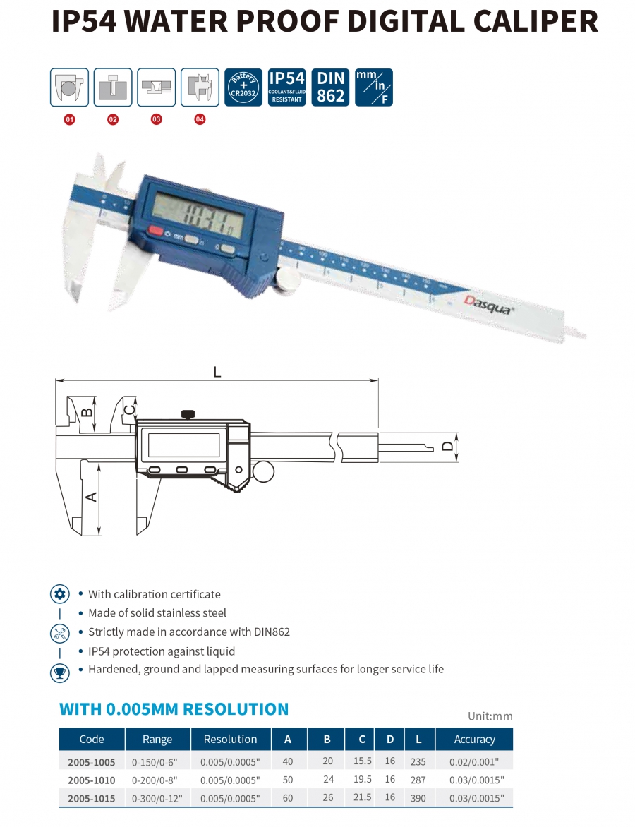 Thước cặp điện tử độ chia 0.005mm series 2005 Dasqua
