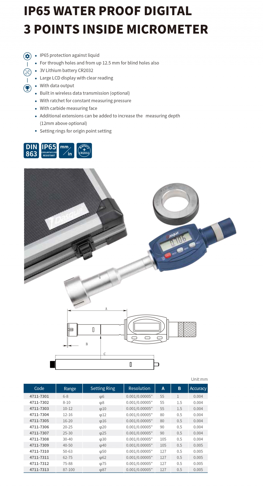 Panme điện tử đo lỗ 3 chấu IP65 series 4711 Dasqua