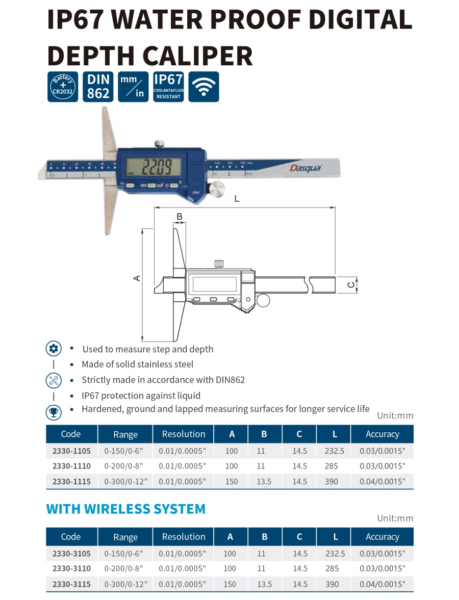 Thước đo sâu điện tử IP67 series 2330 Dasqua