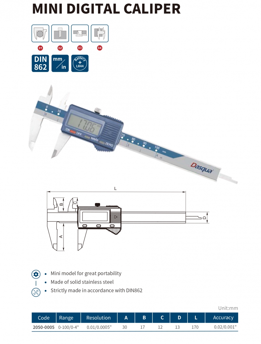 2050-0005 Thước cặp điện tử 0-100mm(4”) x0.01mm Dasqua
