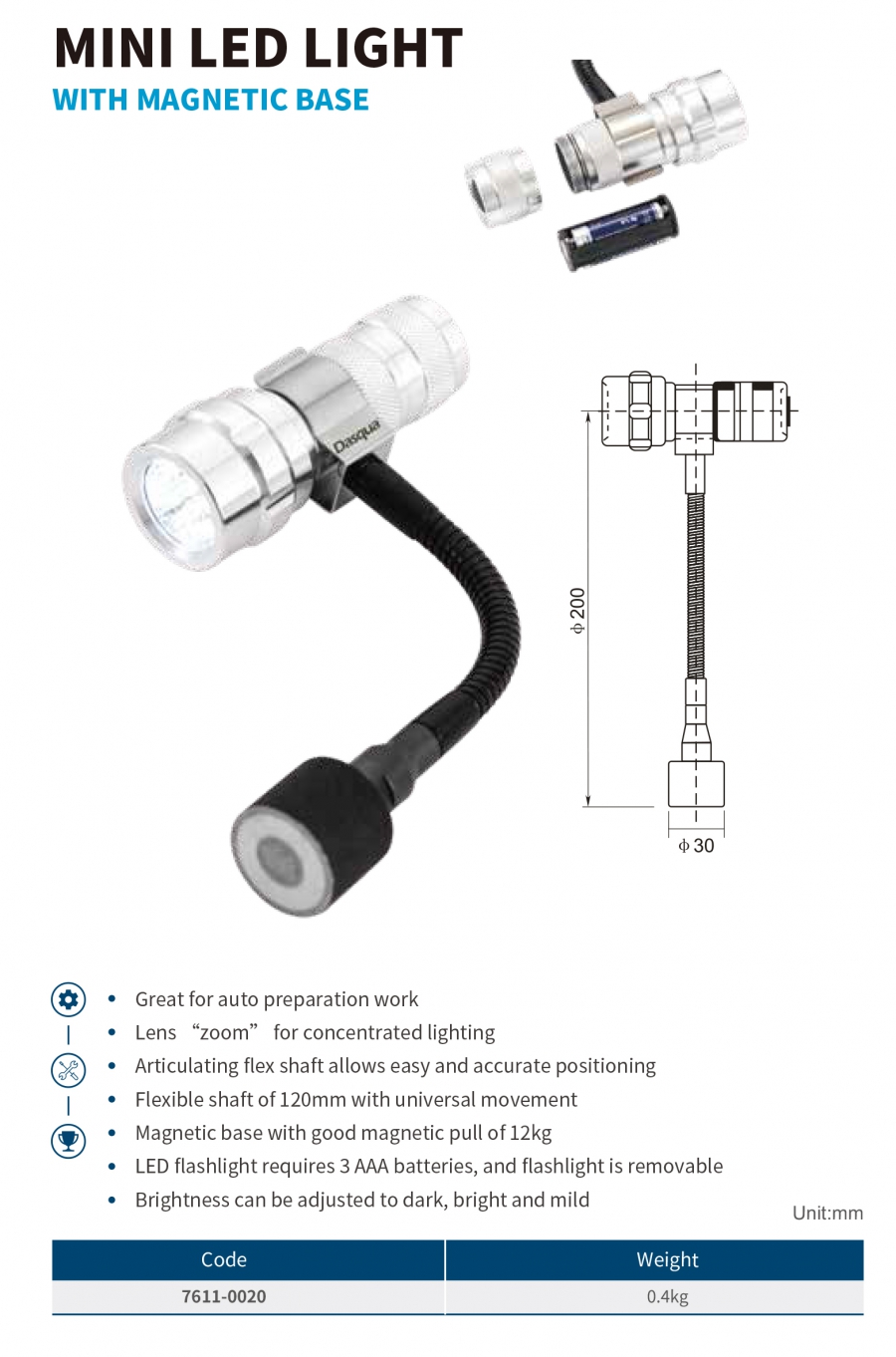 7611-0020 Đèn led mini dùng pin có đế từ Dasqua