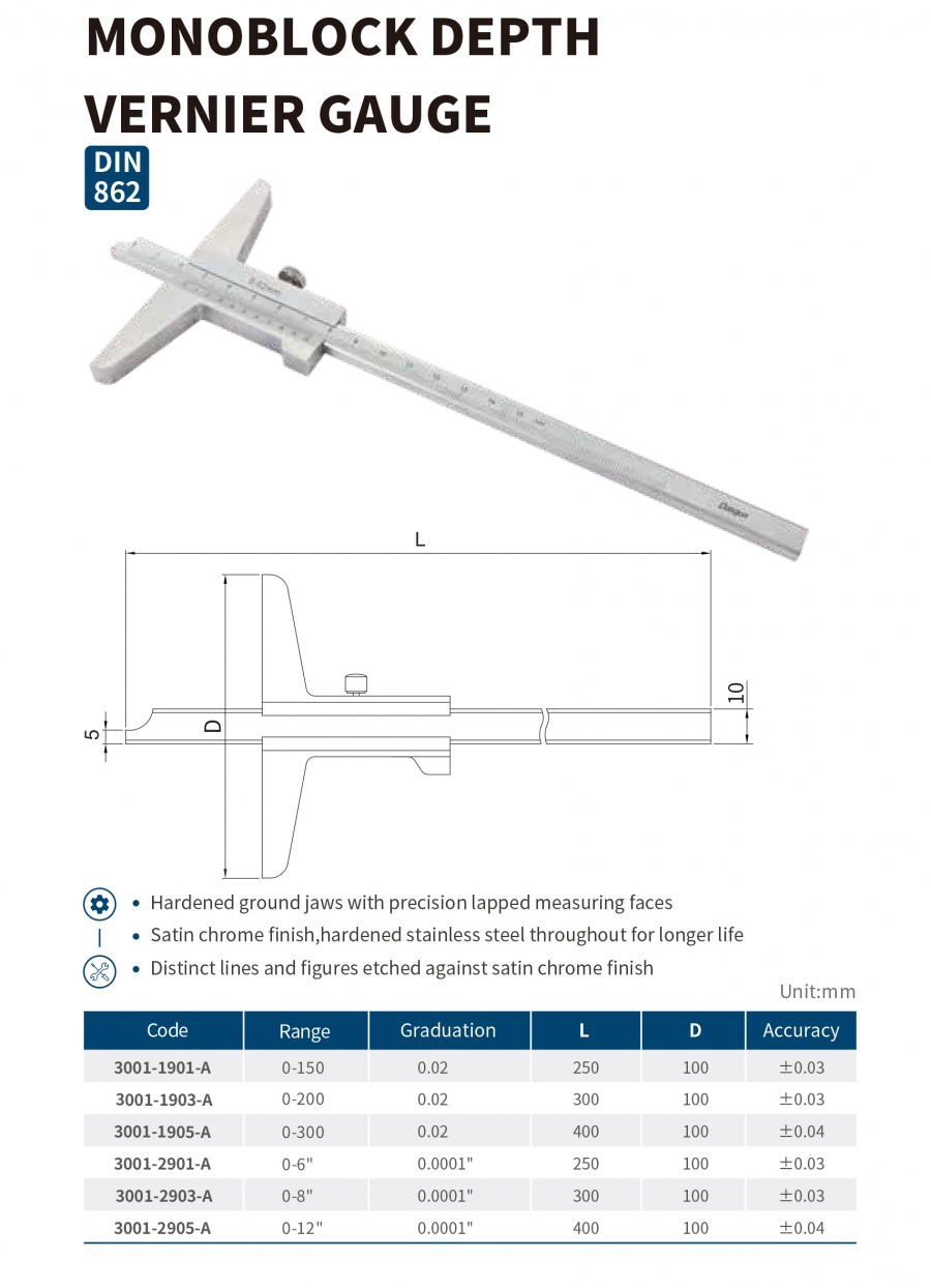 Thước đo sâu cơ khí ngàm nguyên khối series 3001 Dasqua