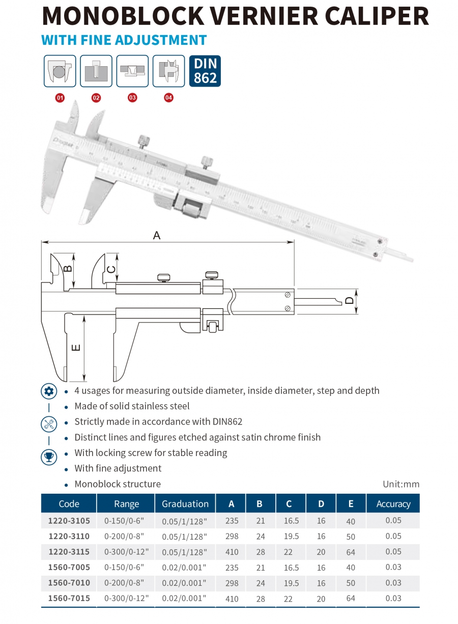 Thước cặp cơ hàm nguyên khối có chỉnh tinh series 1220; 1560