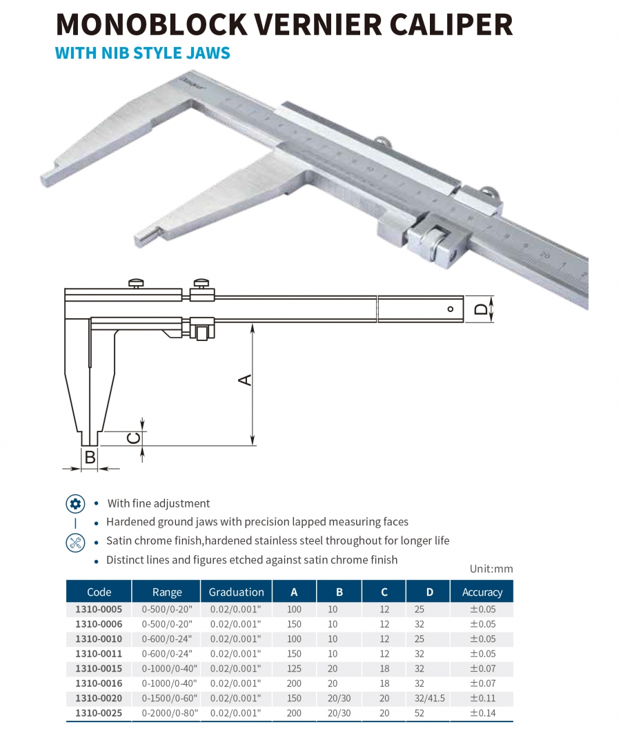 Thước cặp cơ khí ngàm chốt nguyên khối series 1310 Dasqua