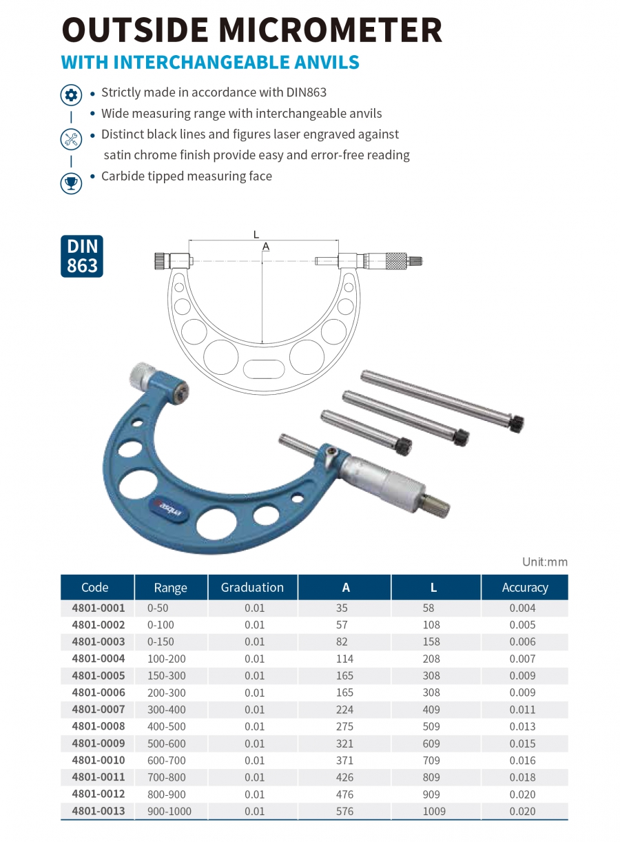 Panme cơ khí đo ngoài thay đầu đo series 4801 Dasqua