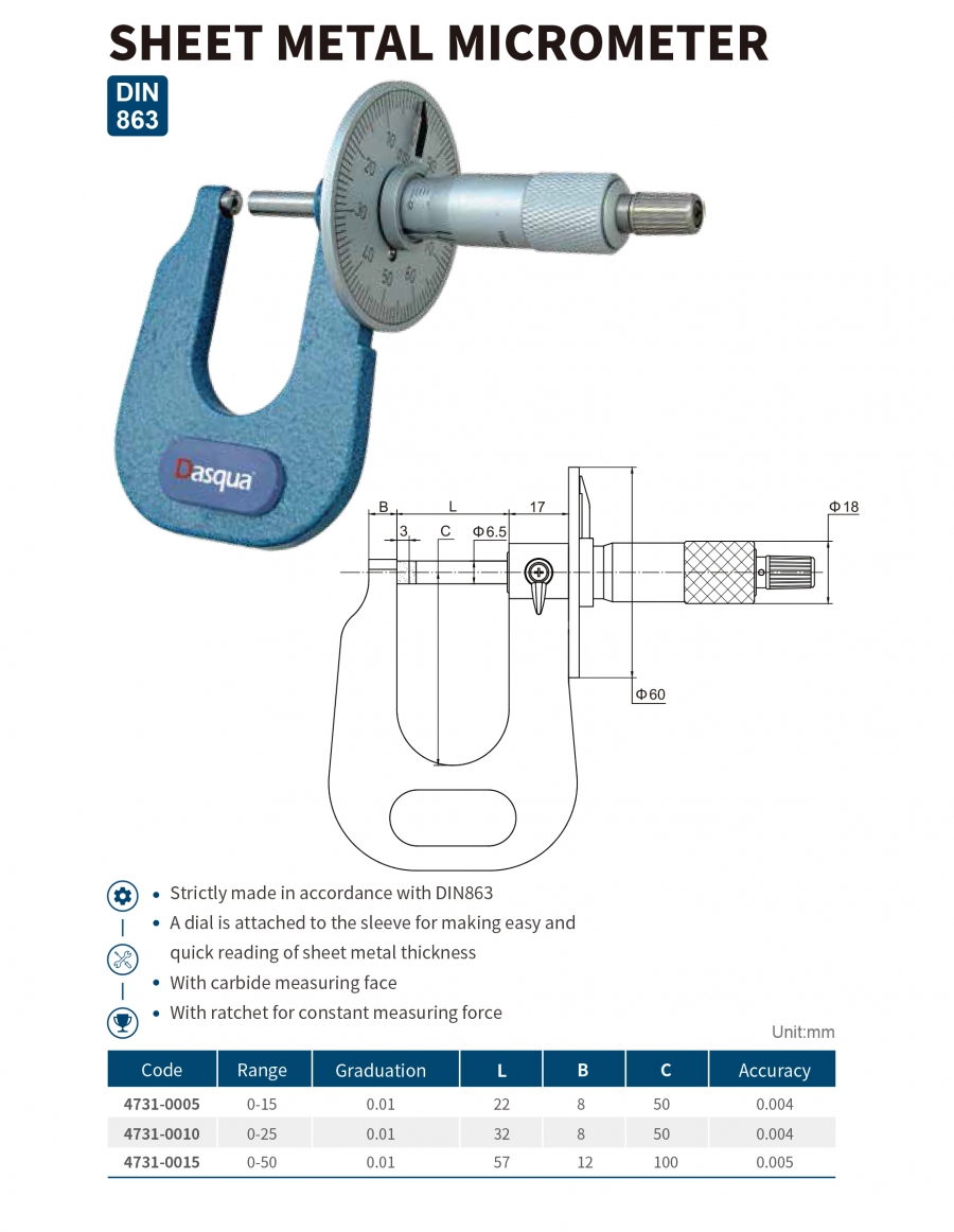 Panme cơ khí đo tấm kim loại series 4731 Dasqua