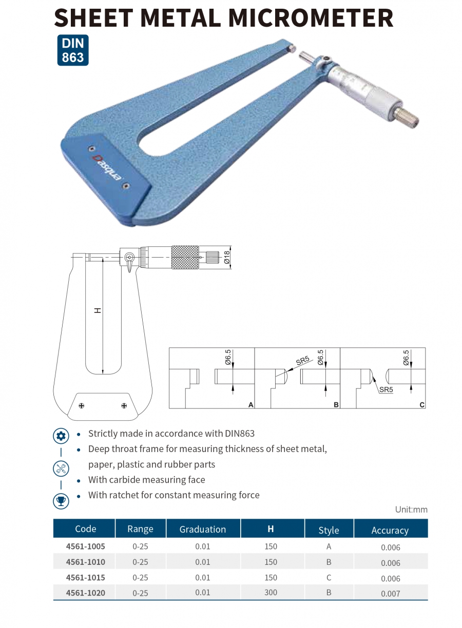 Panme cơ khí đo chiều dày tấm họng sâu series 4561 Dasqua