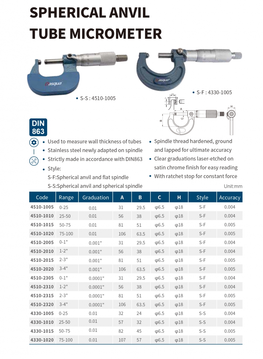 Panme cơ khí đo thành ống đầu đo dạng cầu series 4510, 4330