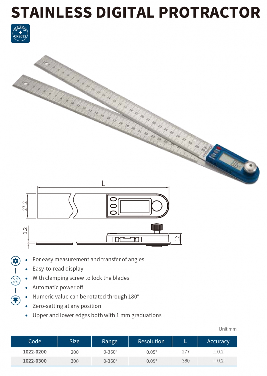 Thước đo góc điện tử bằng thép không gỉ series 1022 Dasqua