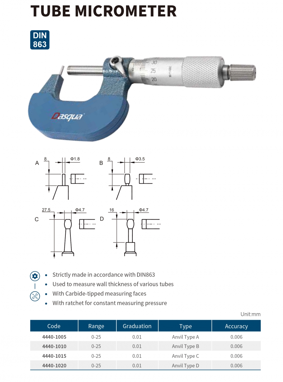 Panme cơ khí đo độ dày thành ống series 4440 Dasqua