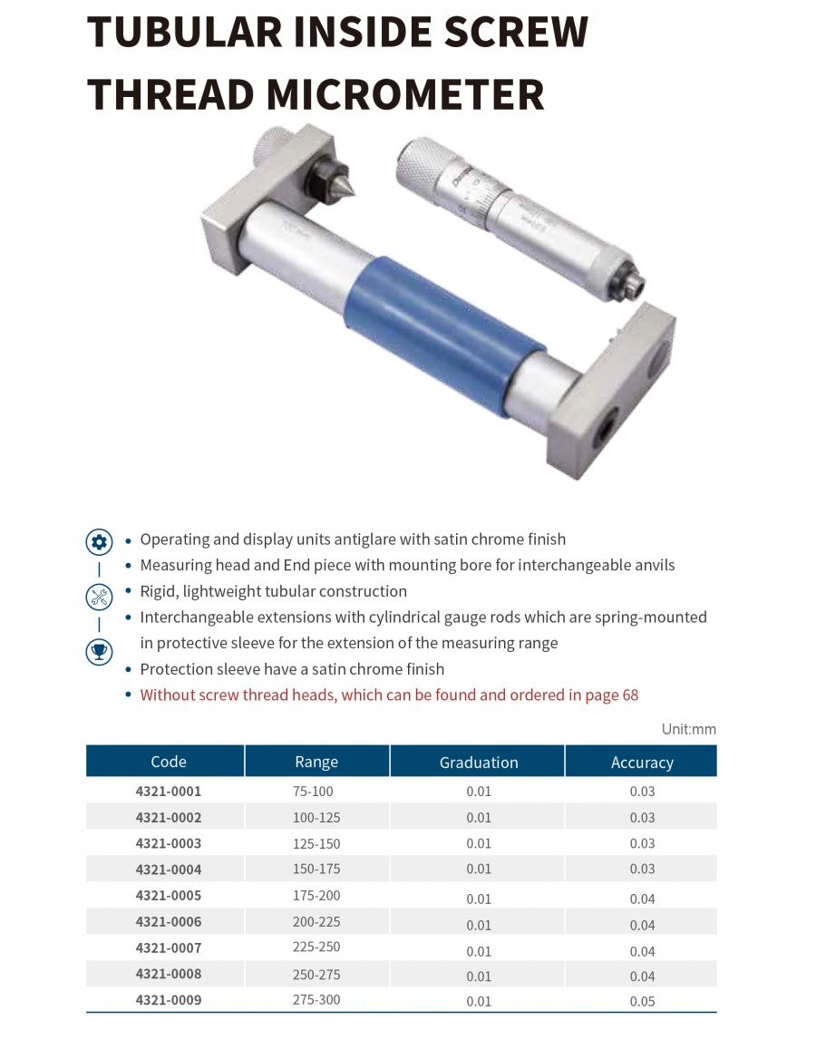 Panme cơ khí đo ren trong dạng ống series 4321 Dasqua