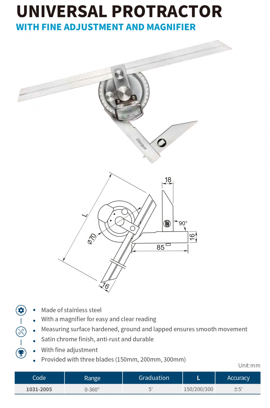1031-2005 Thước đo góc đa năng có điều chỉnh tinh và kính lúp