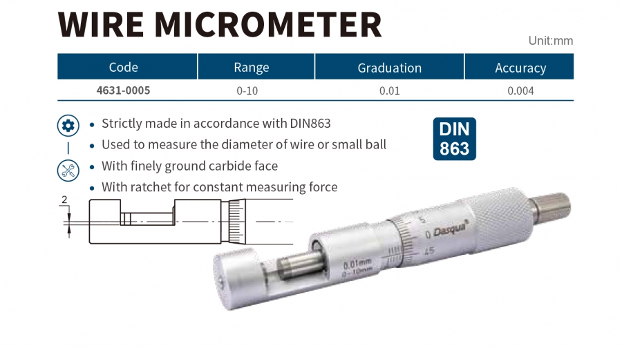 4631-0005 Panme đo đường kính dây kim loại 0-10mm Dasqua