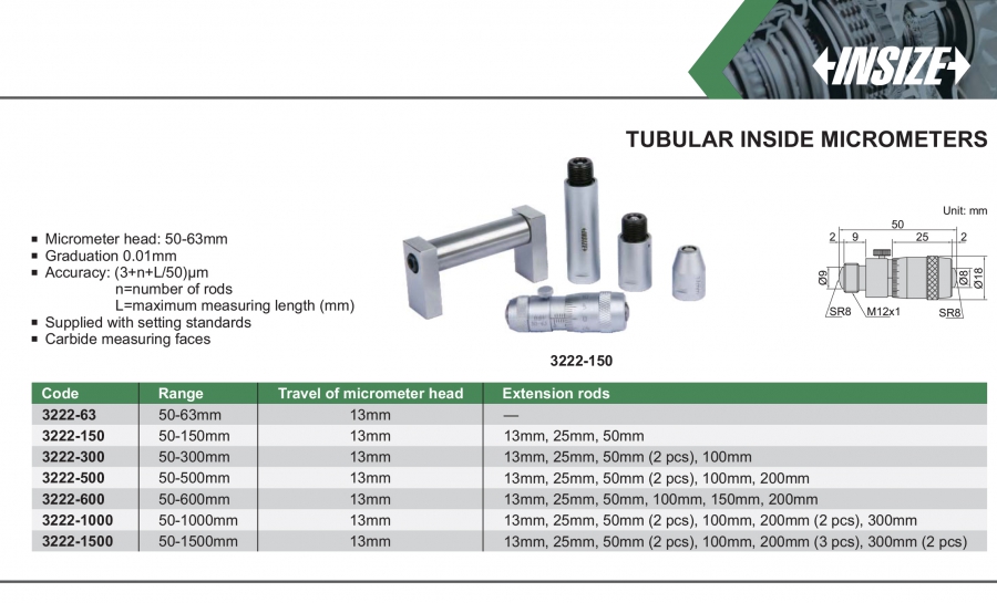 Panme đo trong cơ khí dạng ống nối Insize series 3222