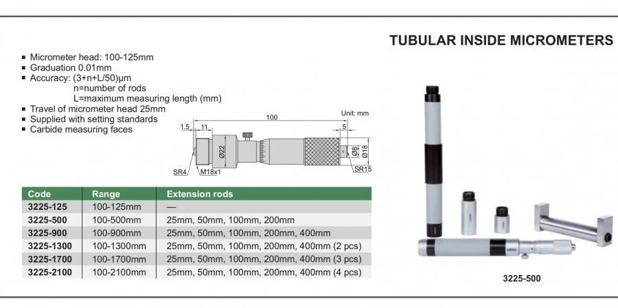 Panme đo trong cơ khí dạng ống nối Insize series 3225