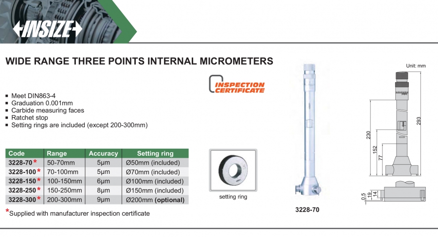 Panme đo lỗ 3 chấu cơ khí Insize series 3228