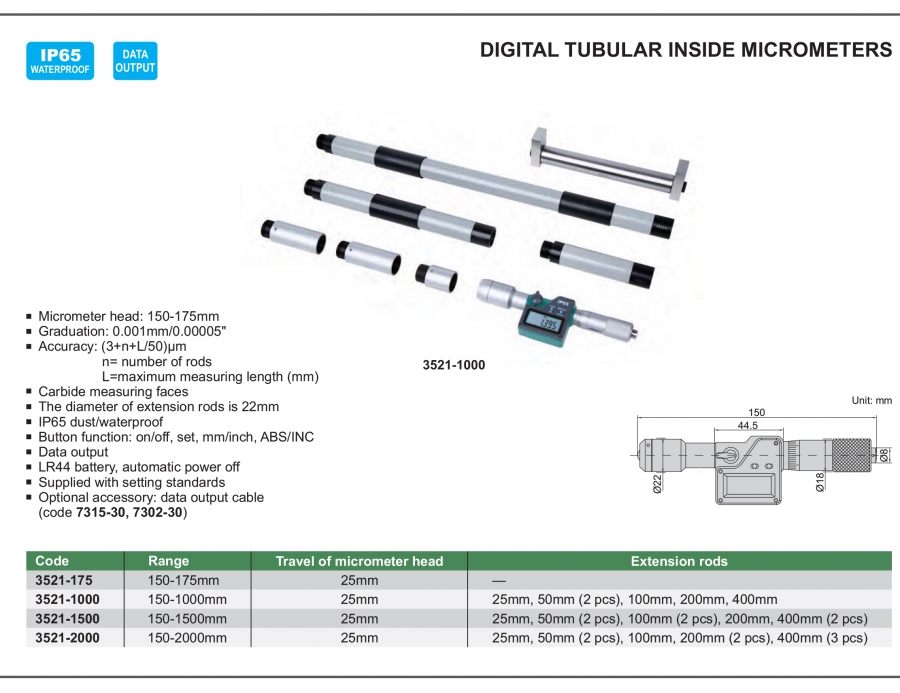 Panme đo trong điện tử dạng thanh nối Insize series 3521